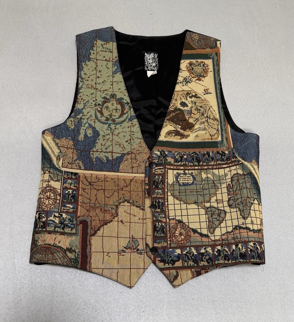 Vintage 90s Attitudes Tapestry Vest World Map Art Gobelin USA Made Size Large